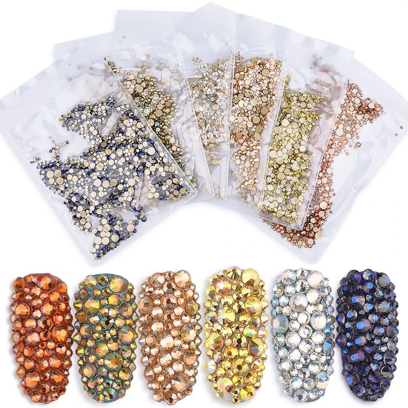 

1440pcs SS3-SS20 Flat back Crystal Nail Rhinestones Multi Size Non-hotfix 3d Glass Stone Gems Charm Nail Art Decorations Decors