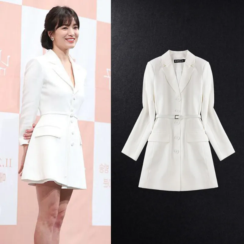 Spring 2019 New Dress Song Huiqiao Star with The Same White Long-sleeved Tie Suit dress Korean Version Dress Suit Women A-Line Spring 2019 New Dress Song Huiqiao Star with The Same White Long-sleeved Tie Suit dress Korean Version Dress Suit Women A-Line