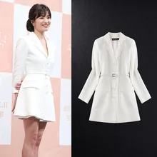 Spring 2019 New Dress Song Huiqiao Star with The Same White Long-sleeved Tie Suit dress Korean Version Dress Suit Women A-Line Spring 2019 New Dress Song Huiqiao Star with The Same White Long-sleeved Tie Suit dress Korean Version Dress Suit Women A-Line