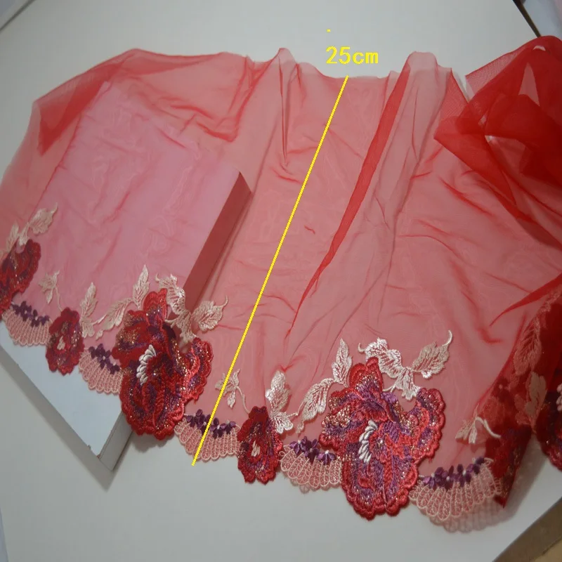 2yds Red~Black Gauze Fluorescence color thread floral Embroidery DIY lace trim for garments and wedding decoration