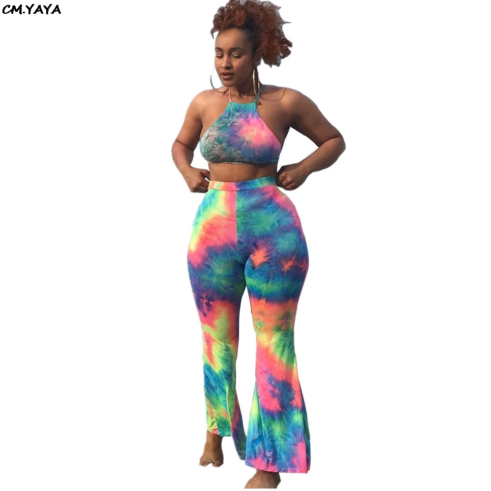 

2019 women new summer tie dye black hole galaxy print halter crop top wide leg pants suit two piece set sexy tracksuit GLWJ5009