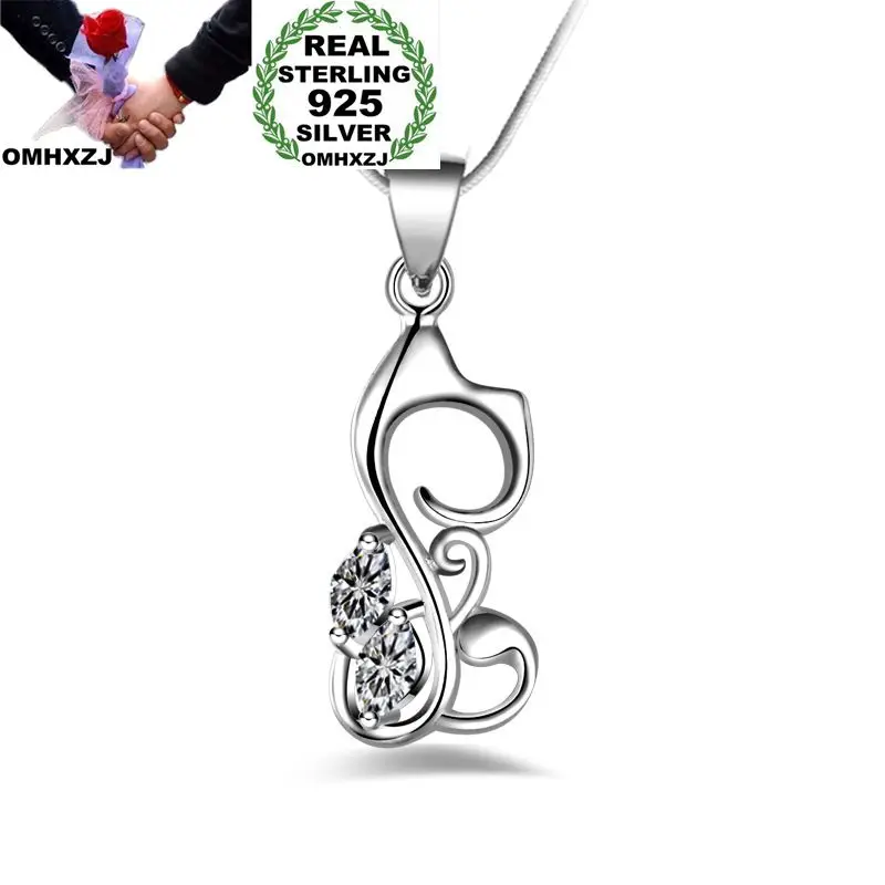 

OMHXZJ Wholesale Personality Fashion OL Woman Girl Gift Cat White Amethyst AAA Zircon 925 Sterling Silver Pendant Necklace NC89