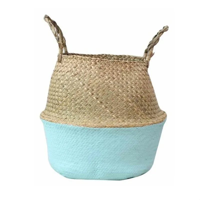 Garden Plant Flower Pot Handmade Rattan Storage Basket Foldable Seagrass Straw Hanging Woven Handle Toy Storage Container 1Pc