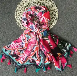 Новые летние модные элегантные дамы Темперамент хлопок шарфы хлопка и льна Цвет цветет кисточкой шарф шаль женский