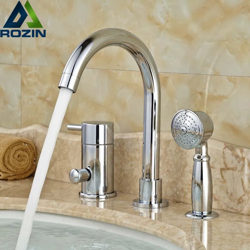 Deck Mount Single Handle 3pcs Bathtub Mixer Faucet Tap Chrome Brass with Handshower Sprayer