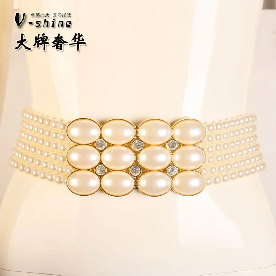 WomenS Small Gold Buckle Inlaying Rhinestone Pearl Elastic Belt Strap