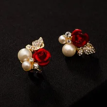 Lingmei женские модные украшения свадебные красные розы Имитация жемчуга белый циркон Желтое золото Заполненные Серьги