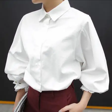 Новое поступление, винтажная хлопковая рубашка в стиле принцессы с рукавами-фонариками, женские белые блузки - Цвет: Белый