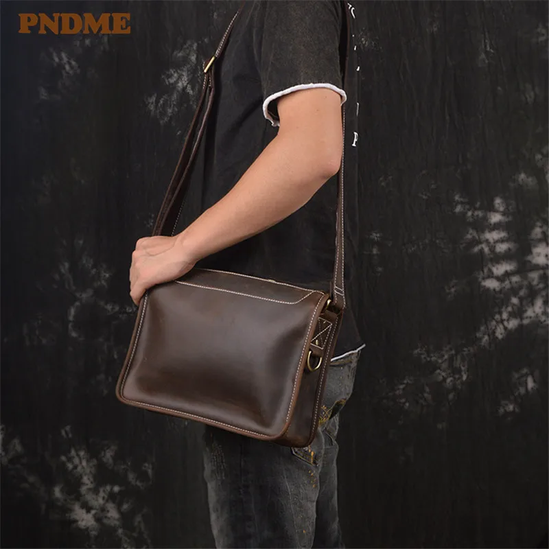 

PNDME high quality retro crazy horse cowhide men's shoulder bag handmade casual simple black messenger bags small square bag