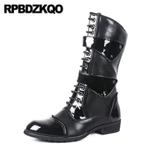 Зимние черные ботинки на шнуровке для подиума, водонепроницаемые, на молнии, из искусственного меха, роскошные мужские винтажные мотоциклетные ботинки, большие размеры, до середины икры, теплая обувь