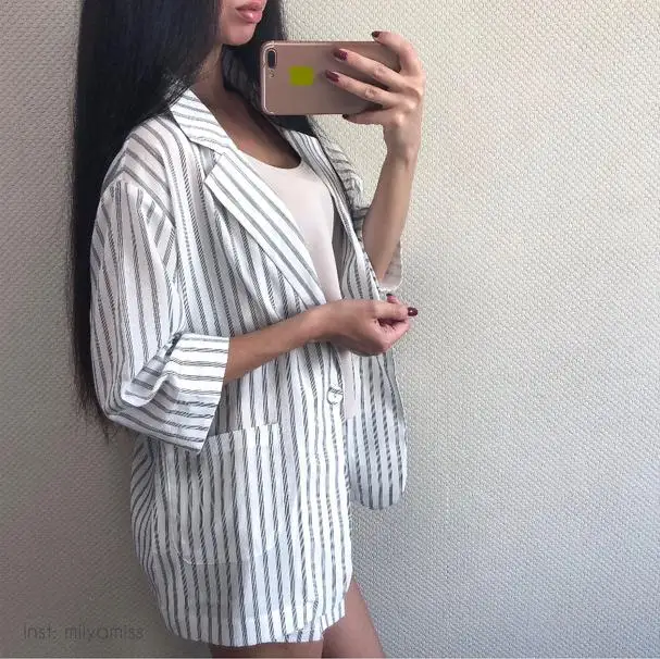 Summer Cotton Linen Tracksuit for Women One Button Blazer & High Waisted Short Striped Pant Suits 2 Pieces Set 2018 Feminino