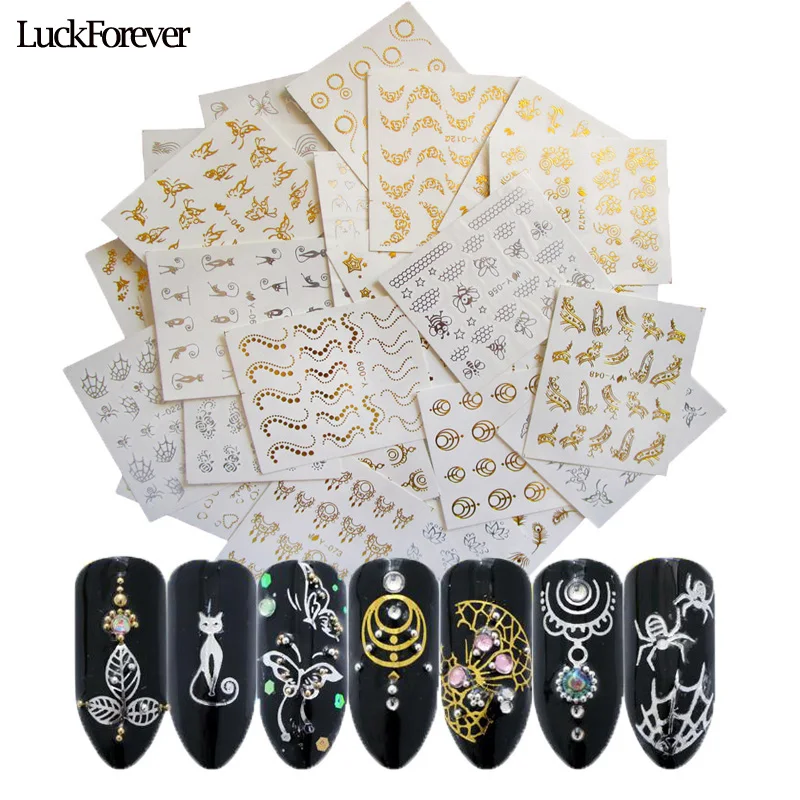 30Pc Metallic Nail Stickers Decals Bronzing Gold Silver Floral Nail