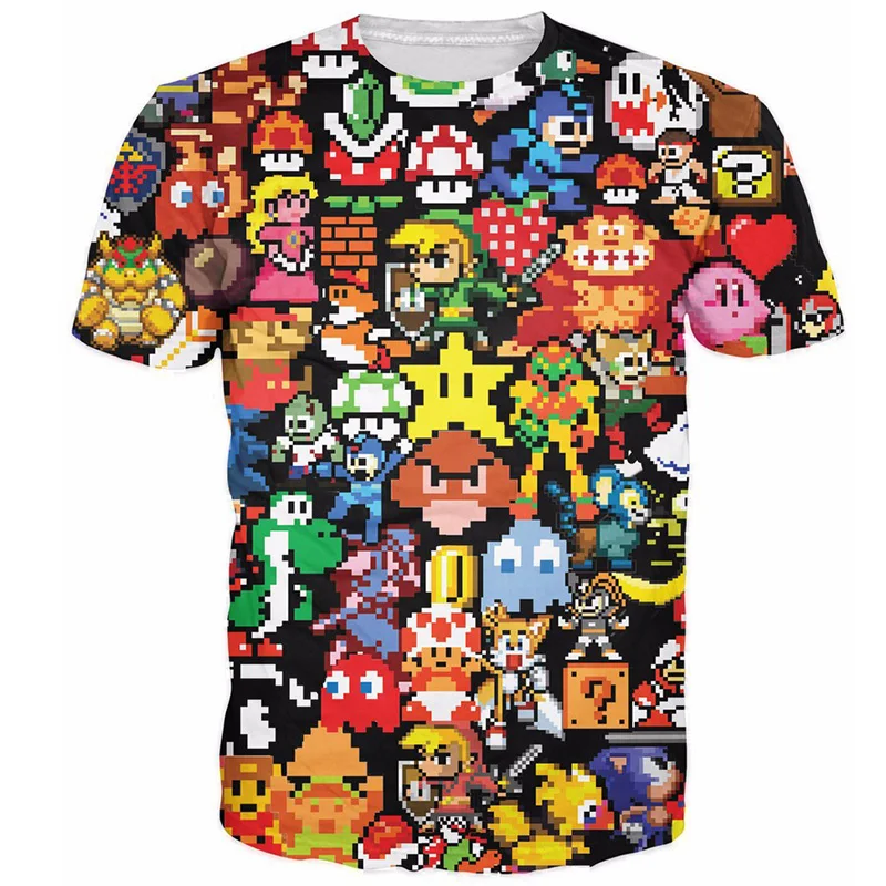 

2018 3D Anime Tshirt Mens Pikachu Kirby Mario Chocobo 3D Full Print Funng Hip Hop Arcade Collage Streetwear Summer Tops Tees 5XL