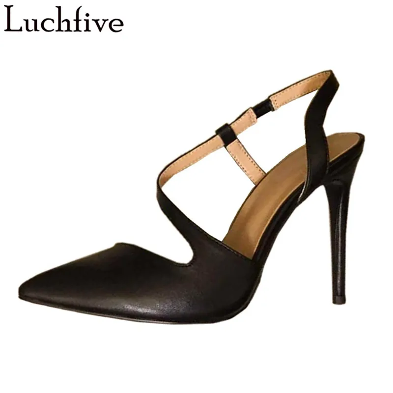 

Luchfive Newest Cow Leather Sandals Women Runway Design C Strap Thin high heels Ankle Buckle Spring Summer Gladiator Sandals