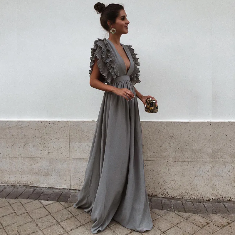3XL Sexy V Neck Backless Flying Petal Sleeve Dress Women Summer Gray Maxi Dresses OL Plus Size Fashion Beach Party Long Dress Dresses