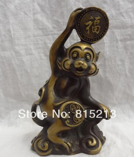 

bi00691 8" Chinese Zodiac Bronze Happy Fu Coin Wealth Monkey Statue Animals Sculpture
