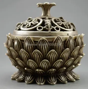 

Collectible Decorated Old Handwork Tibet Silver Carved Lotus Incense Burner
