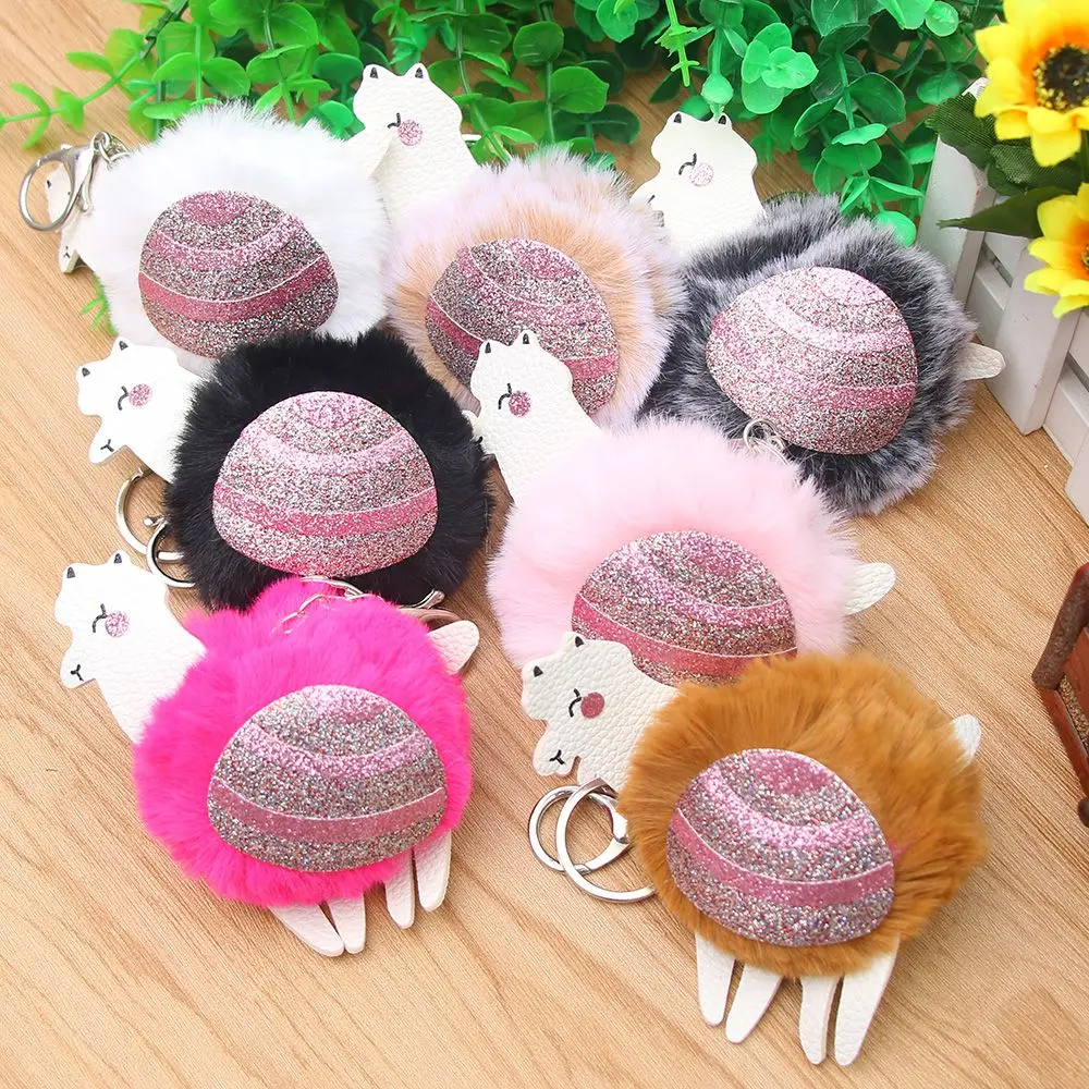 Cute Fluffy Rabbit Fur Ball Key Chain Blingbling PU Leather Sequin