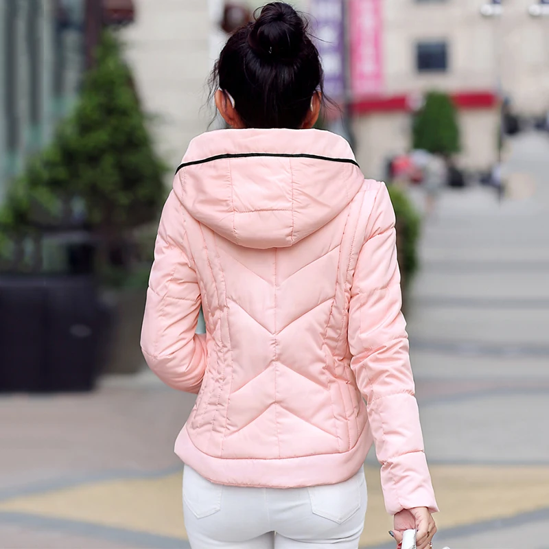 2019 Fashion Short Winter Jacket Women Slim Female Coat Thicken Parka Cotton Hooded Fur Collar candy-colored Ladies Jacket