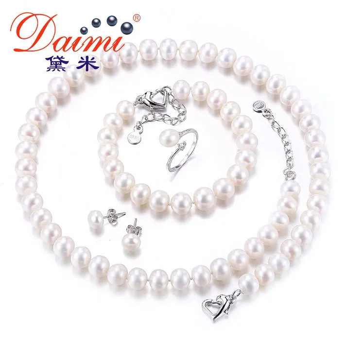 

DAIMI Bridal Jewelry Sets 8-9mm Natural Freshwater Pearl Necklace, Bracelet, Earrings, Ring Gifts For Woman Pearl Sets