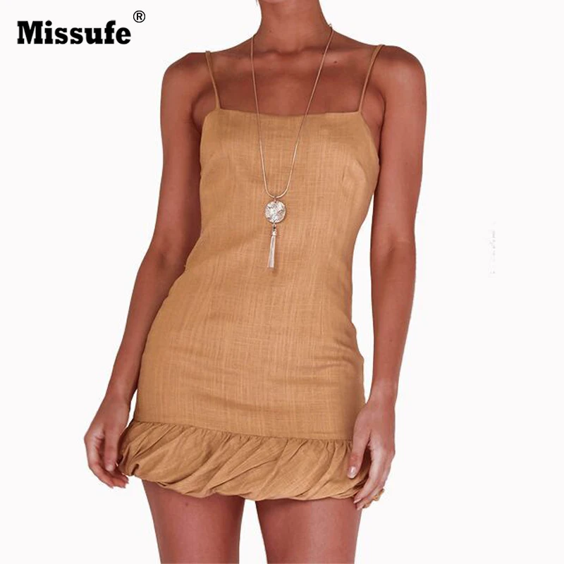 

Missufe 2019 Frill Hem Bandage Dress Slim Solid Spaghetti Strap Backless Back Zipper Sexy Summer Women Dresses
