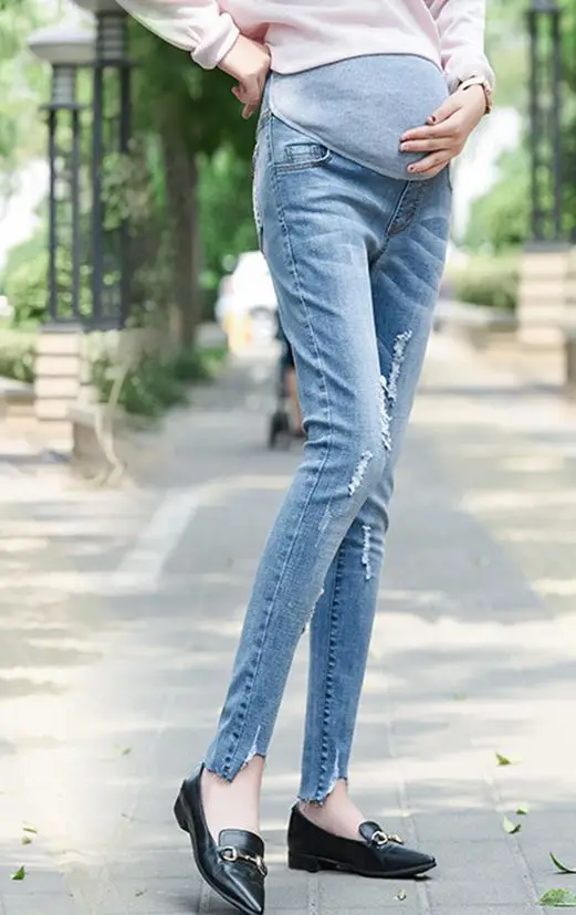 Высокая растягивающаяся джинсовая одежда для беременных, брюки для беременных, тонкие модные брюки с дырками, обтягивающие джинсы для беременных - Цвет: qian lan
