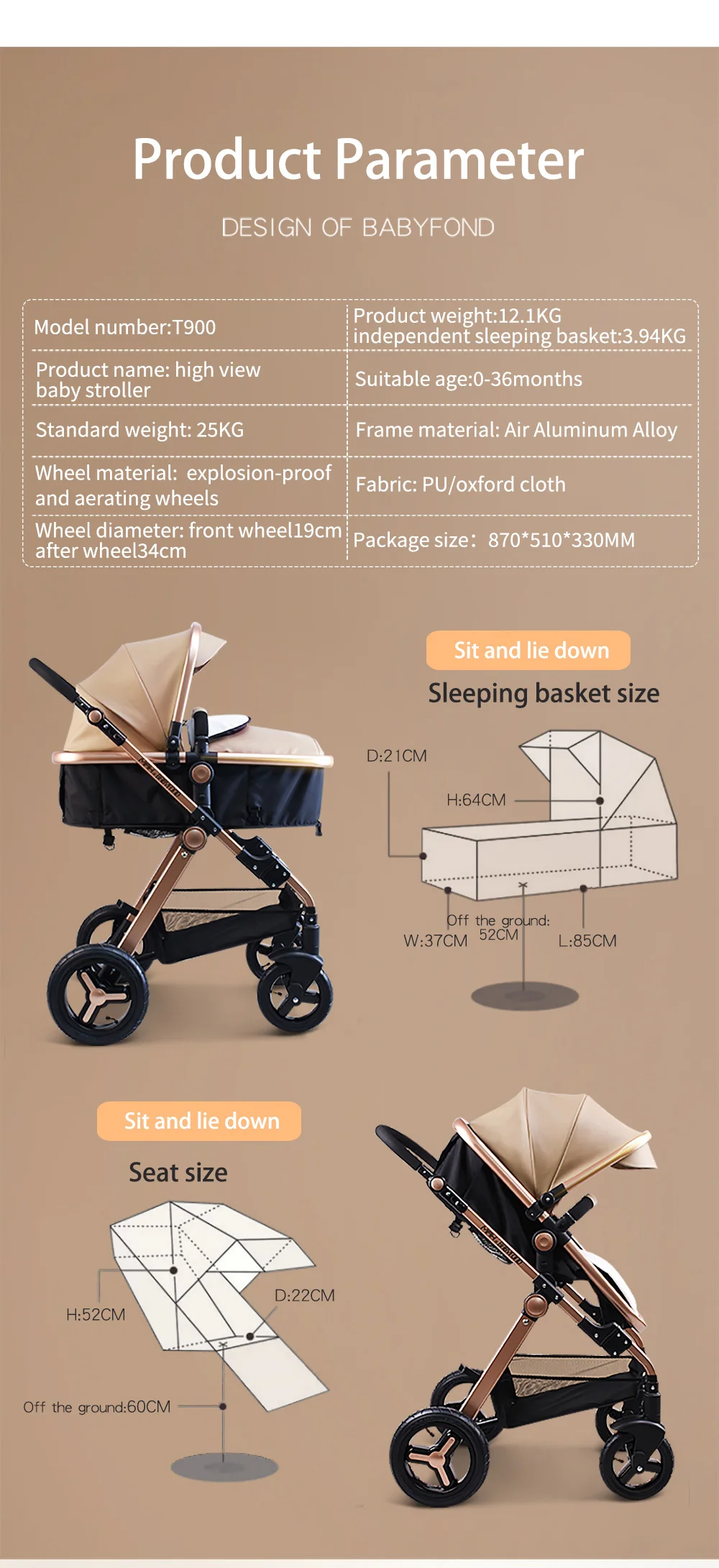 Pu leather aluminum alloy frame babe Babyfond high landscape fold baby stroller 3 in 1 four wheel cart EU standard baby stroller