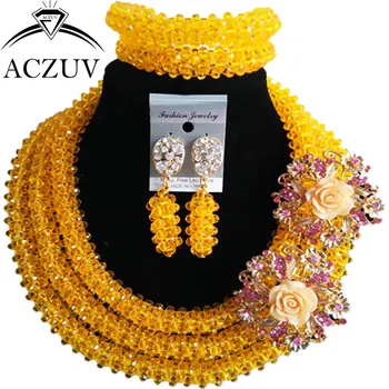 

ACZUV Yellow Crystal Beads for Women Nigerian Wedding Necklace African Jewelry Set B3R007