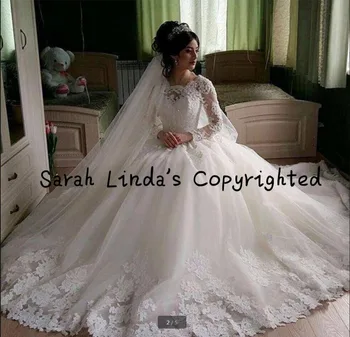 

Sexy long sleeve Lace Appliques ball gown wedding dress 2016 beading sequins princess puffy wedding gowns best selling