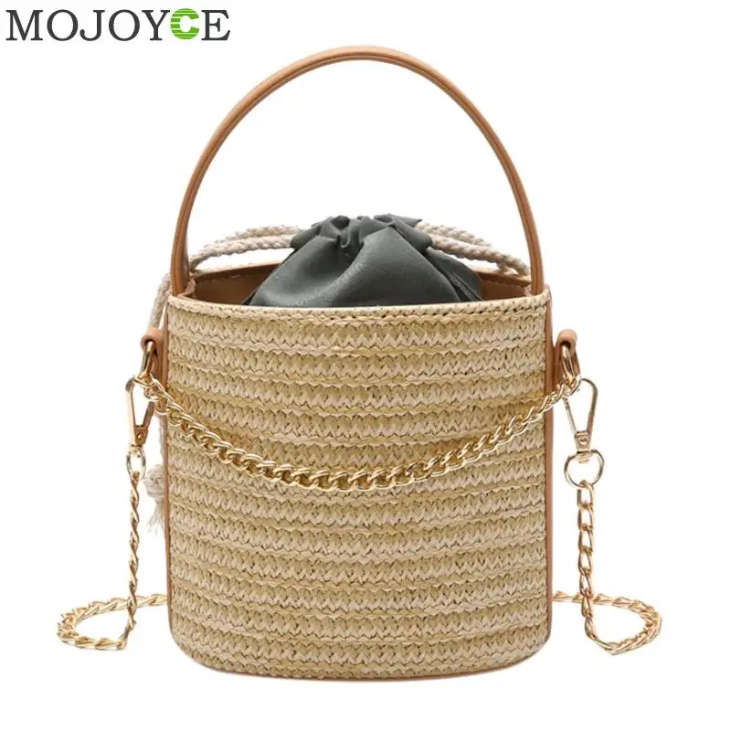 

Japan Style Weaved Designer Beach Bag Women Travel Knitted Cylindrical Straw Tote Bucket Chain Designer Holiday Shoulder Bag