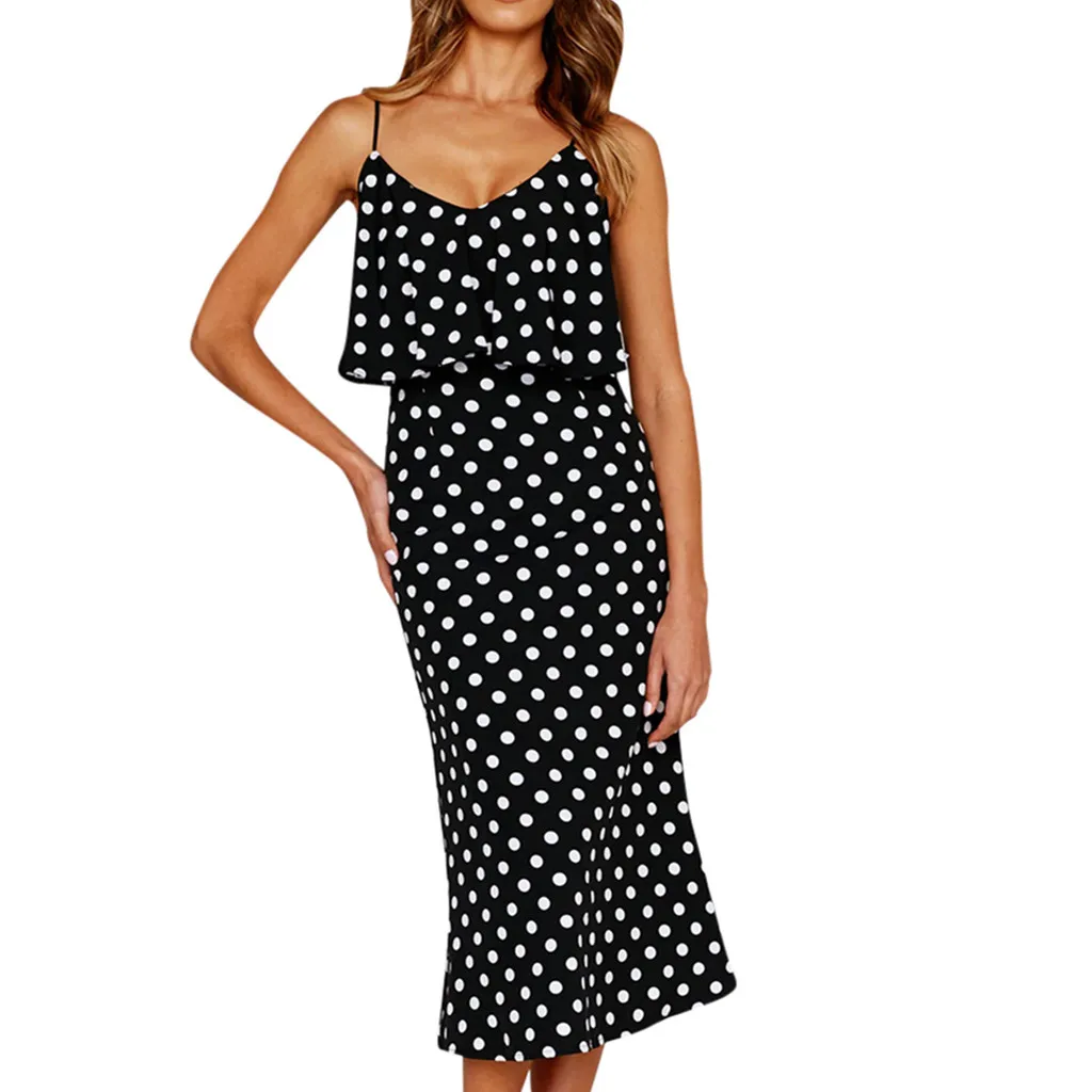 

Summer Dress Women Party Nigh Black Polka Dot Party Knee-Length Dress Sleeveless V Neck Sexy Dresses Sexy Elegant Women Clothes
