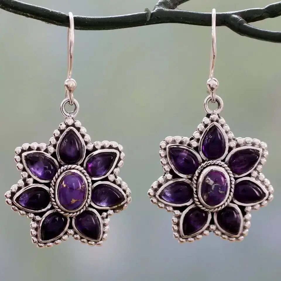 

Ethnic customs female pendant earrings purple resin flower shape retro pendant earrings jewelry