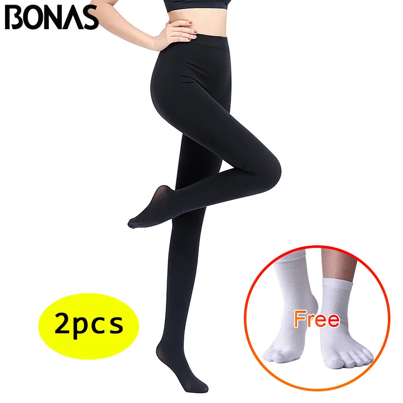 BONAS 2pcs/lot Winter Warm Tights Get FREE Gift Women High Elastic Pantyhose Sexy Autumn Winter Velvet Female Tights Plus Size