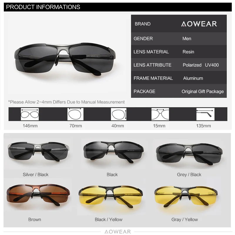 AOWEAR, алюминиевые, магниевые, поляризационные, спортивные солнцезащитные очки, мужские, зеркальные, для вождения, солнцезащитные очки для водителя, без оправы, Gafas De Sol A53