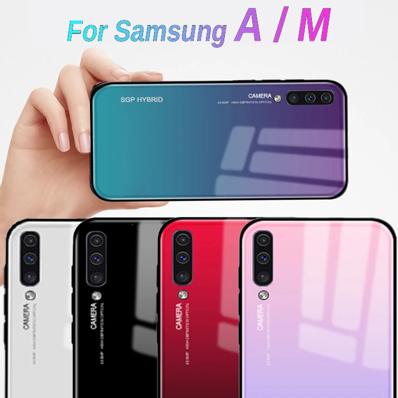 

On A50 Case For Samsung Galaxy A30 A10 M30 M20 M10 Gradient Tempered Glass Back Cover TPU Silicon Hard On Samsun A 50 M 30 20 10