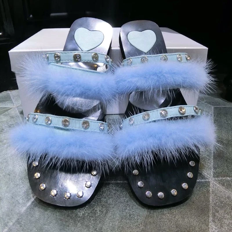 

Hanbaidi Fur Women Slippers Luxury Rivets Crystal Flats Shoes Fox Fur Slides flip flops Grey Flat Sandals Women Mules Shoes 39
