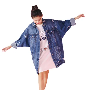 

Hole Denim Jacket 2019 Spring Autumn Women Mediun long Loose Large size BF style Casual Coat Single-breasted Denim Jacket JIA129