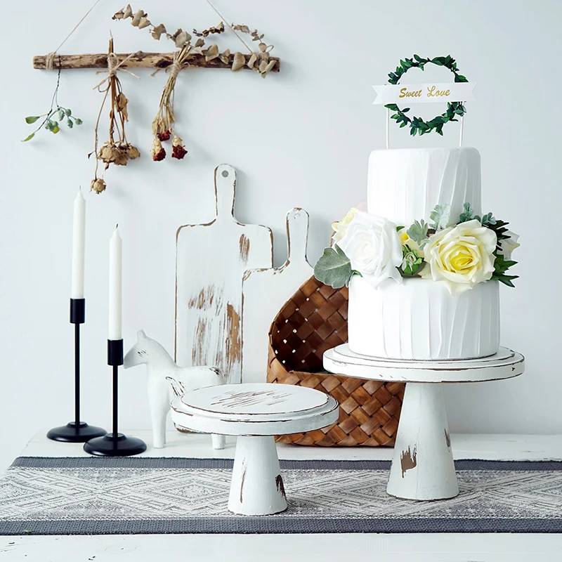 Vintage White Wood Cake Stand for Outdoor Wedding Table Decoration Baking Shop Bread Coffee Display Plates Home Party Supplies