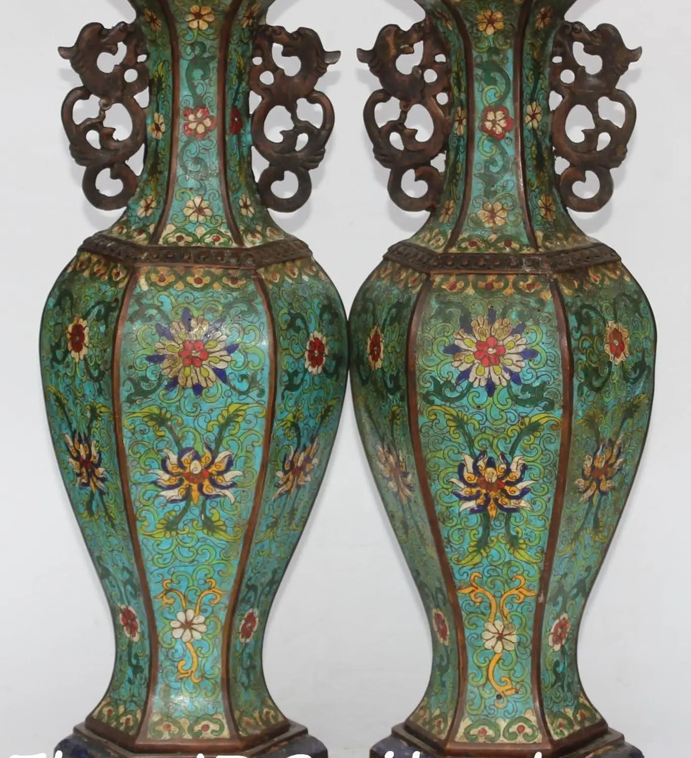 

17" Old China Cloisonne Enamel Flower Decorative Pattern Vase Bottle Pair Statue