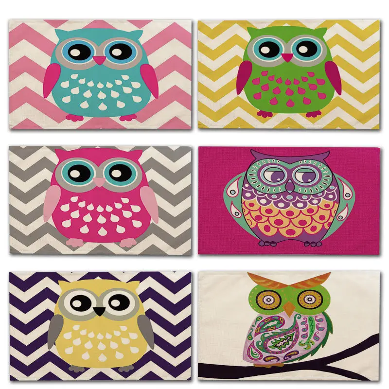 

1Pcs Lovely Owl Pattern Placemat Dining Table Mat Cotton Linen Drink Coasters Western Pad Bowl Cup Mat 42*32cm Home Decor MA0026