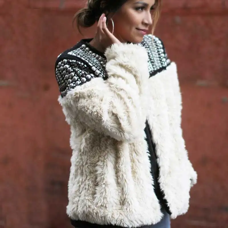 

BOHO INSPIRED Punk Faux Fur coat femail rivet shoulders patchwork warm fur basic coats winter fashion jackets women 2019