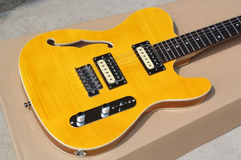 

Factory Wholesale Yellow Color One f Hole Electric Guitar with 2 Open Pickups,Double-side Binding,Offer Customized