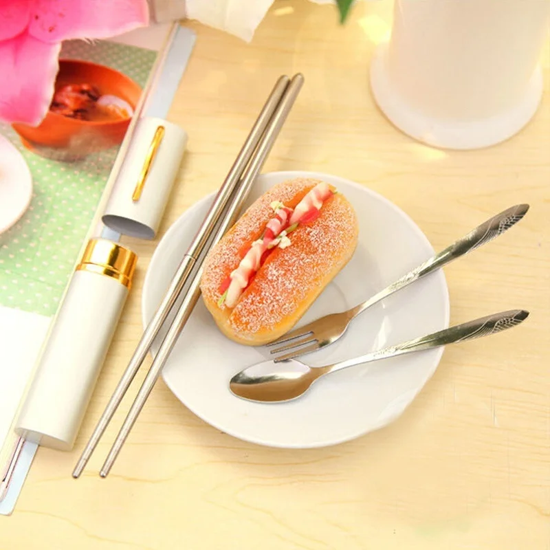 3pcs/set Tableware Set Stainless Steel Travel Eat Set with Box Outdoor