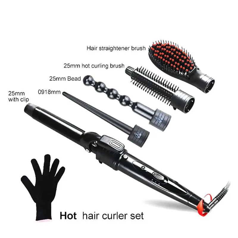

5 in 1 Interchangeable Ceramic Hair Curler Iron Set Professional Curling Wand Straightening Brush Tourmaline Barrel Dual Voltage