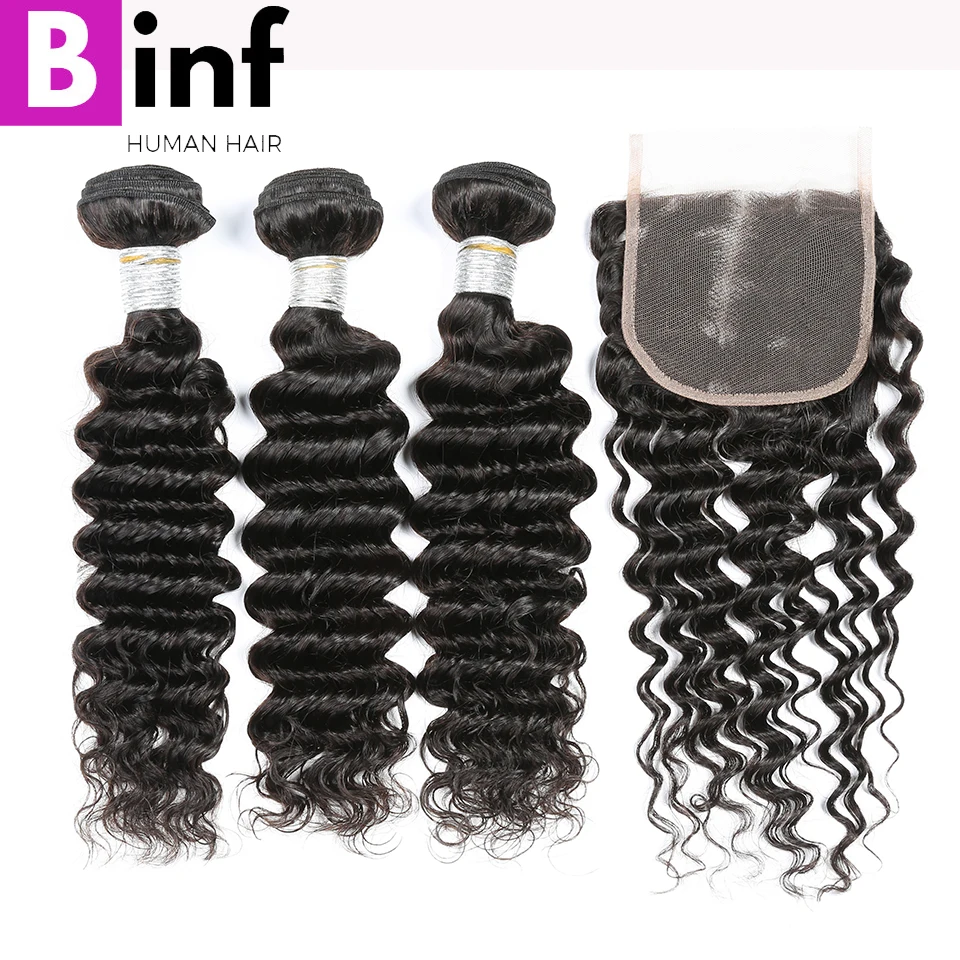 

BINF Hair Brazilian Deep Wave 3 Bundles With Closure 100% Human Hair Weave Bundles Non Remy Free Shipping Natural Color 1B