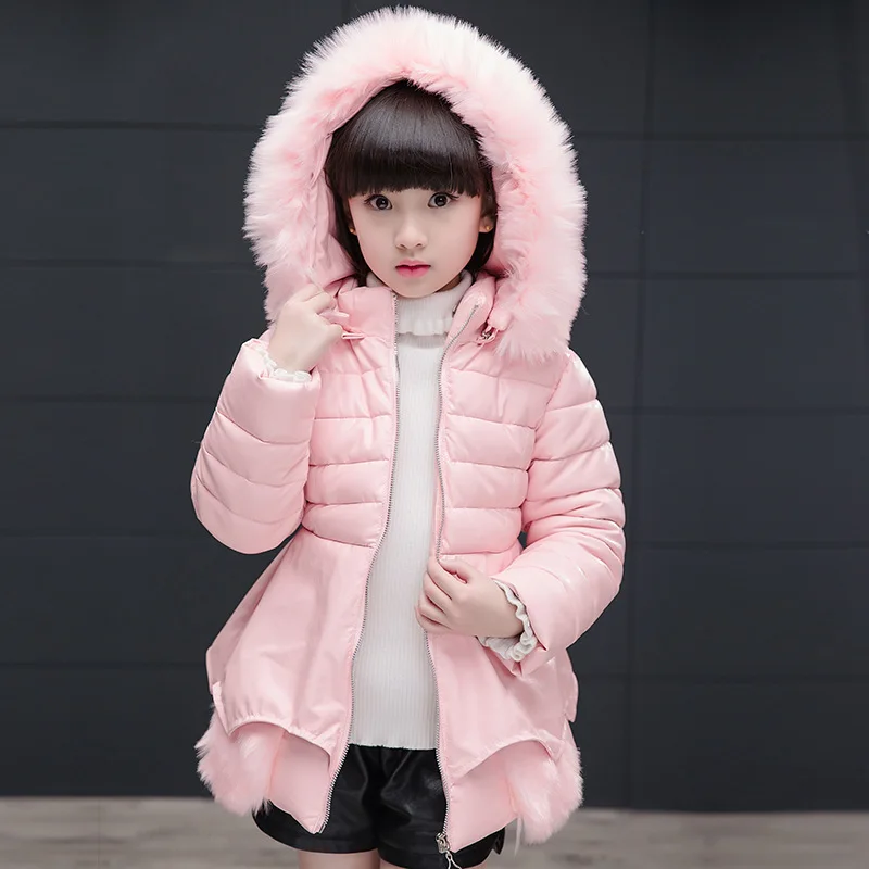 

2017 New Autumn Winter Hooded Girls Parka Cotton Padded Fashion Jacket Faux Leather Fur Decoration Girls Clothing 3 Colors