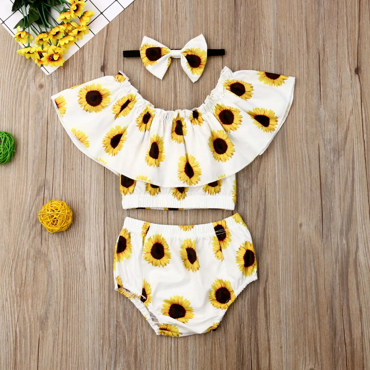 

Pudcoco Newborn Baby Girl Clothes Off Shoulder Sunflower Print Ruffle Tops Short Pants Headband 3Pcs Outfits Summer Clothes