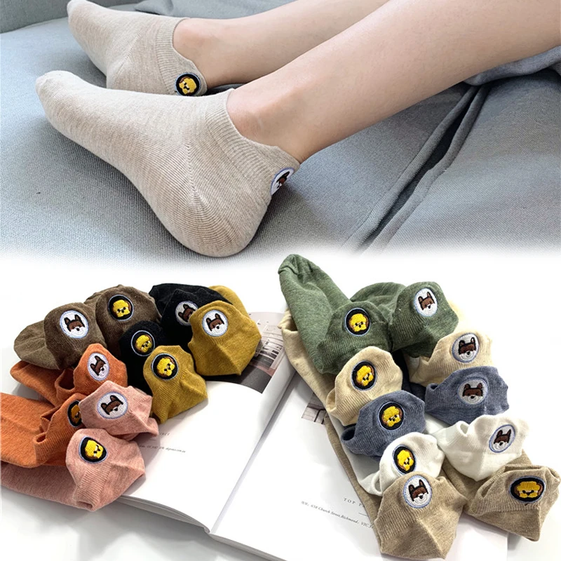 

1 Pair Candy Color Kawaii Embroidered Expression Women Socks Happy Fashion Ankle Funny Socks Women Cotton