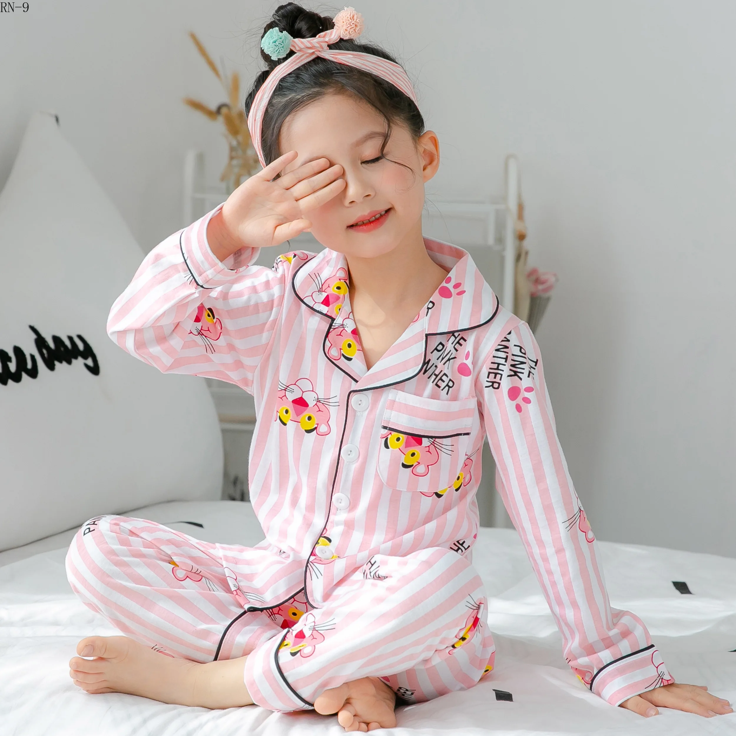 

Spring Autum Pajamas Set for Children Long Sleeve Lapel Cardigan Girls Cotton Pyjamas Kids Pajamas Set Sleepwear Send Headscarf