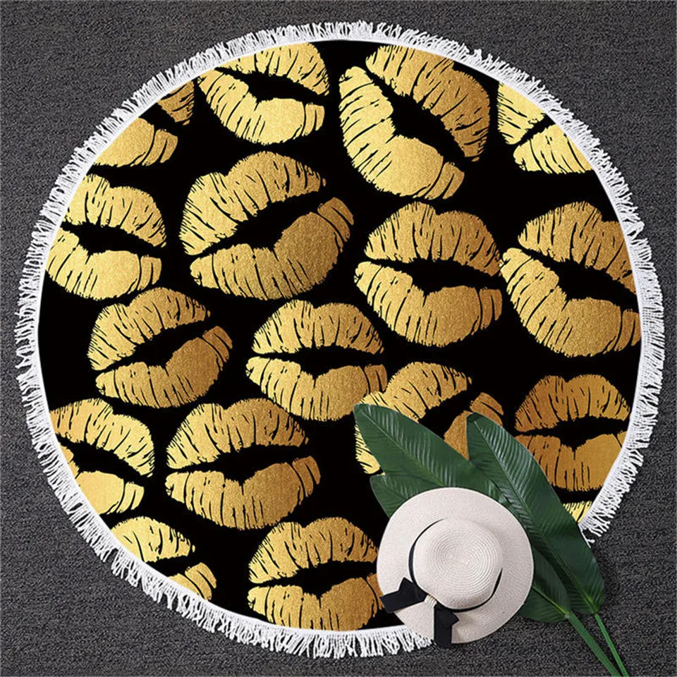 BlessLiving Eyelash Round Beach Towel Gold Black White Blanket Cute Eyes Yoga Mat With Tassel Stylish Girls Love Lips Tapestry
